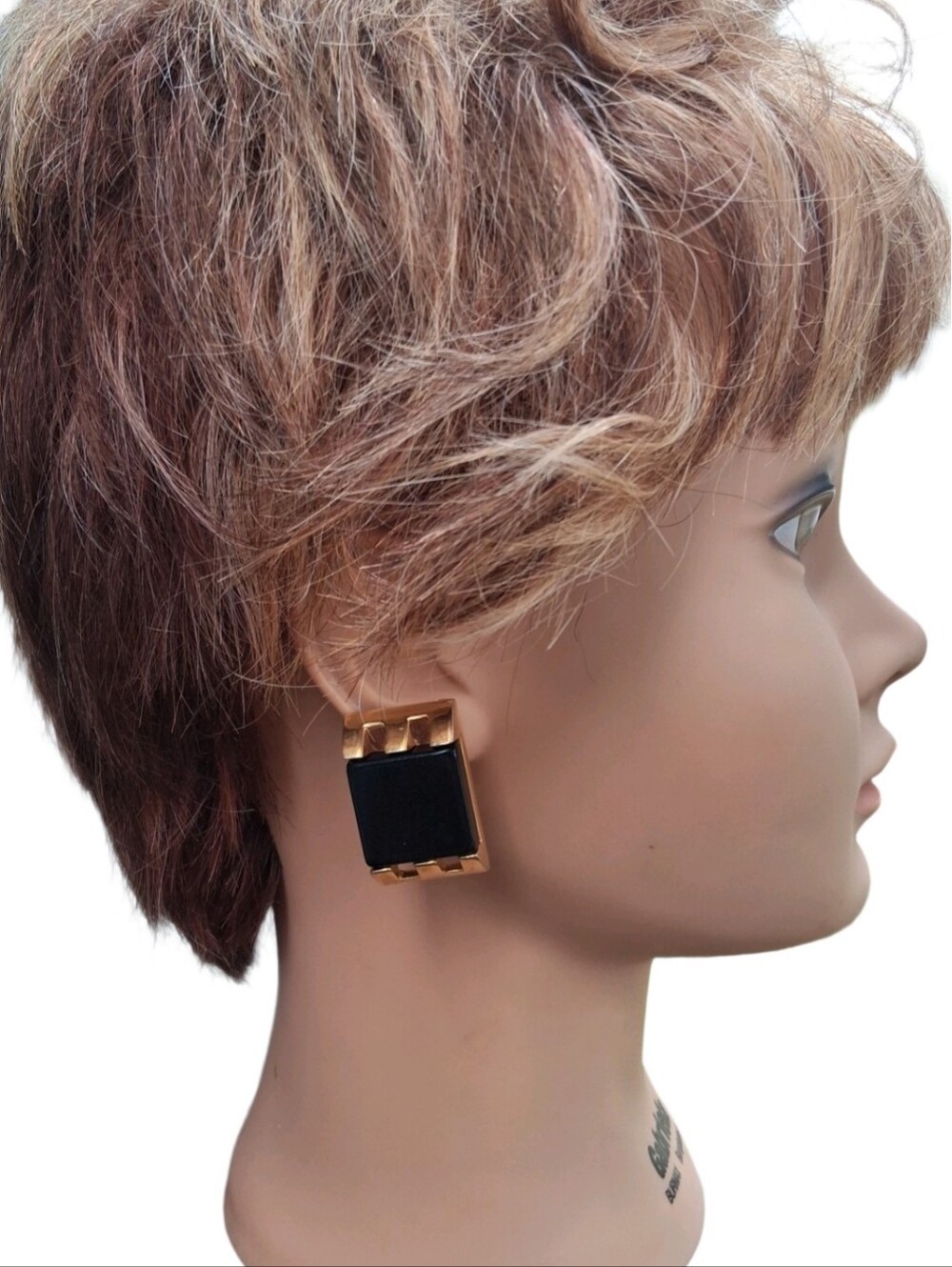 Vintage Pierre Cardin Black Lucite Gold Tone Square Geometric Clip On Earrings